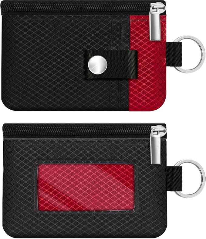 Minimalist RFID Blocking Small Wallet with ID Window,WaterResistant Zip Id Case Wallet with Lanyard Keychain for Cards,Cash,Travel,Women,Men (Black/Red) - Image 3