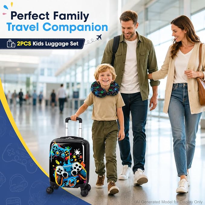 UFNDC Lightweight Hardshell Spinner Kids Suitcase Set 2PCS with Wheels - Airplane Approved Carry-On Luggage for Boys & Children Ages 3-10, Fun Game Rolling Suitcases for Elementary Toddler Travel - Image 2