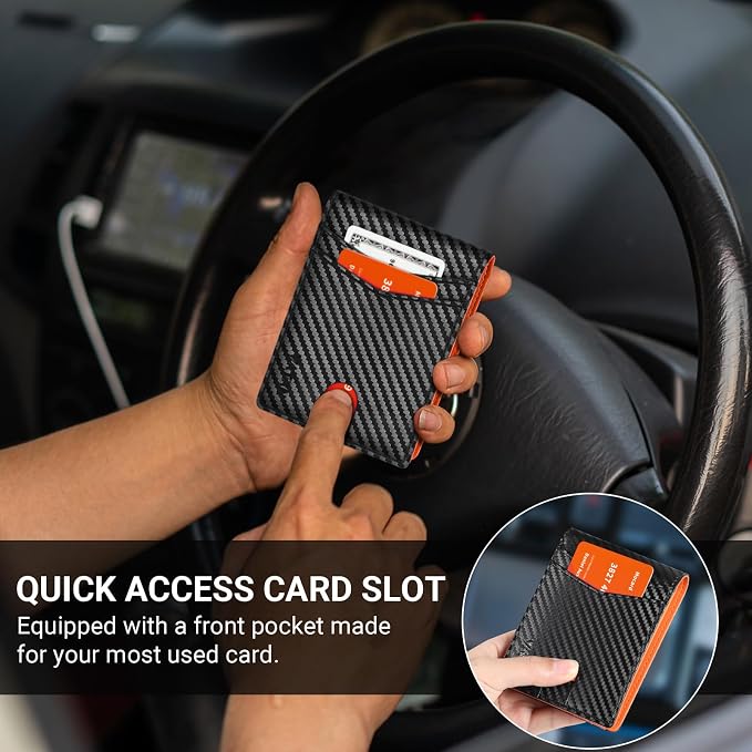 VATAN Wallet for Men Slim RFID Blocking Leather Credit Card Holder Wallet for 15 Cards, Bifold Minimalist Thin Wallet with 2 ID Windows & Cash Slot, With Gift Box (Carbon Black and Orange) - Image 6