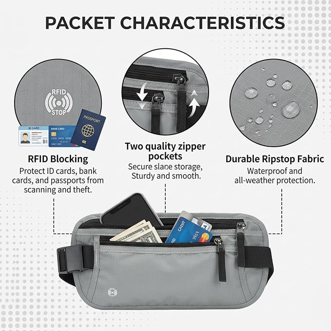 RFID Blocking Money Belt for Travel, Hidden Anti Theft Waist Pouch with RFID Protection, Slim Passport Holder Fanny Pack for Cash, Credit Cards, Phone & Travel Essentials (LightGrey) - Image 3