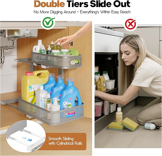 2 Pack 21.3IN-Depth Under Sink Organizer with Smooth Cylindrical Rail,2-Tier Pull Out Multi-Purpose Cabinet Storage for Bathroom&Kitchen,Height Adjustable,Rust-Resistant Coating-Gun Gray - Image 3