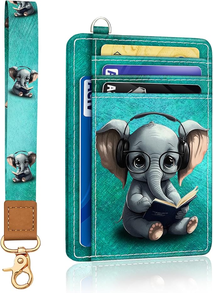 Yonlevres Elephant Credit Card Holder Slim RFID Wallet Women Wristlet Cute | Front Pocket, Handy, RFID Blocking, Woman Girls Ladies Gifts, D-ring for Keychain,Thin Mini Card Case, ID Window, PU Leather by Yonlevres