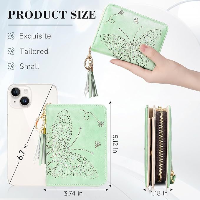 KITEVIUN Women RFID Blocking Small Bifold Wallet, Compact Cash Clutch with Zipper Coin Pocket, Glittery Butterfly Design, Credit Card Holder, Travel Purse with Tassel PEPPERMINT-GREEN - Image 3
