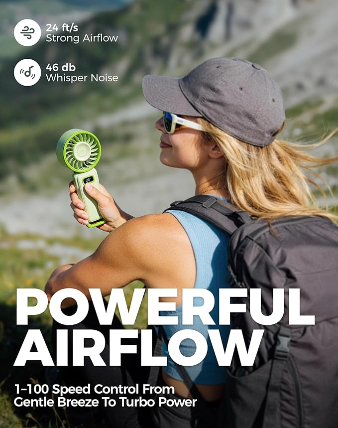 Diveblues Portable Turbo Fan, 100 Speed Handheld Fan with Strong Airflow, Foldable 4 in 1 Personal Fan for Neck, Desk & Travel, USB-C Rechargeable, Lightweight for Summer, Concerts & Outdoor Use - Image 3