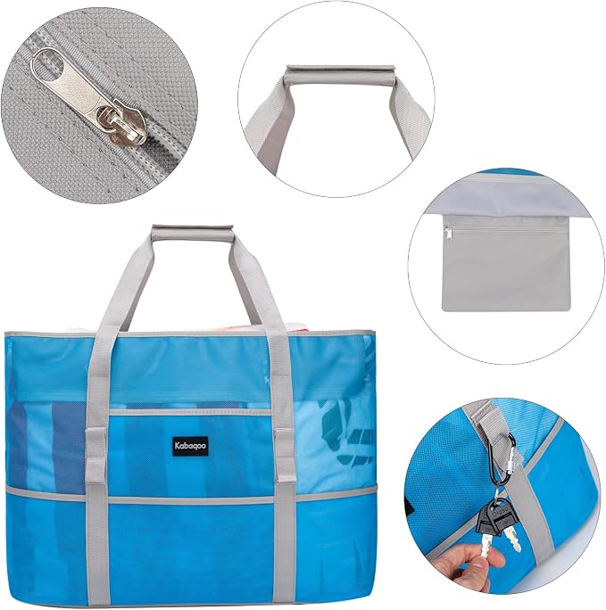 KABAQOO Mesh Beach Bag, Extra Large Beach Bags with 9 Pockets & Zipper Waterproof Lightweight Beach Tote for Beach/Pool Trip - Image 5