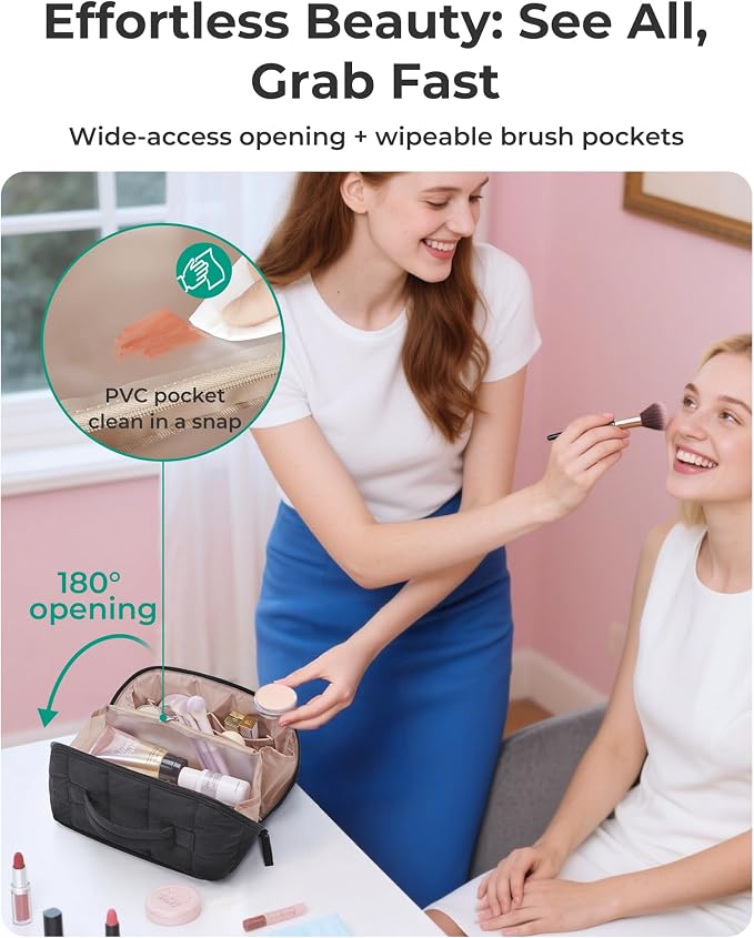 BAGSMART Puffy Open Flat Travel Makeup Bag Toiletry Bag for Women, Leopard | Portable, Make Up Organizer, Water-resistant, Puffy Padded, For Toiletries, Brushes - Image 2