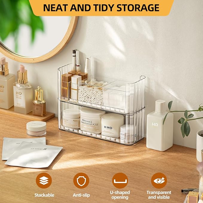 PAVSTINE 2-Tier Stackable Medicine Cabinet Organizer, Narrow Bathroom Makeup Organizer with Lipstick Holders & Cotton Swab Cases, Clear Countertop Shelf for Mirror Cabinet and Vanity - Image 5