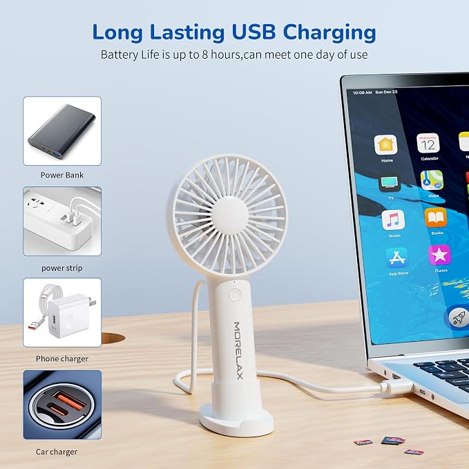 Jancane Handheld Fan, USB Rechargeable Mini Portable Fan with Base, 10H Battery, Strong Wind, Small & Powerful, Cute Design for Travel, Makeup, Girls Women Summer Gift (White) - Image 4