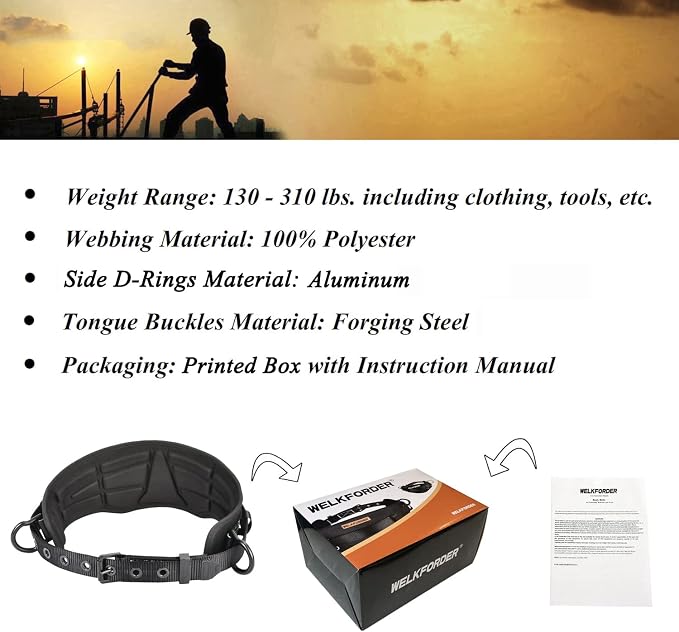 Tongue Buckle Body Belt (Aluminum Hardware) With Hot-Pressing Waist Pad and 2 Aluminum Side D-Rings Personal Protective Equipment | Waist Fitting Size 32'' to 50'' - Image 8
