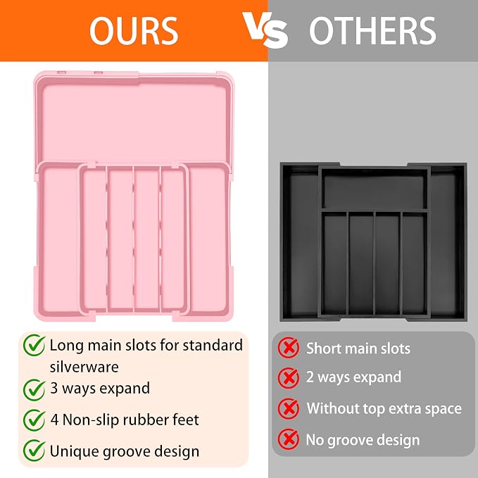 Silverware Organizer - Expandable Silverware Drawer Organizer, Adjustable Drawer Organizer, Silverware Tray for Drawer 15.2"x 19" Utensil Drawer Organizer, Kitchen Organizers Storage, Pink - Image 6