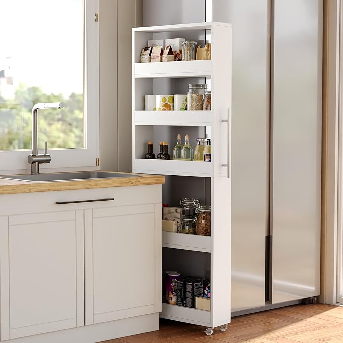 LITTLE TREE 63-Inch Slim Storage Cart on Wheels, 5-Tier Tall Narrow Mobile Shelf Organizer, Rolling Utility Cart with Metal Handle for Kitchen, Dining Room, Small Spaces, White - Image 8