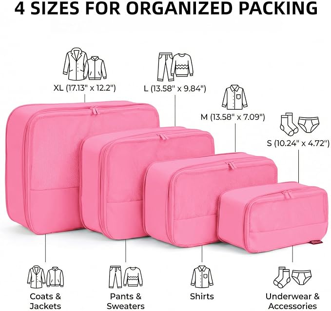 4 Piece Compression Packing Cubes for 3–7 Day Travel, Space Saving Travel Organizers with Breathable Mesh, Double-Zipper Packing Cubes for Carry-On & Suitcases (Pink) - Image 3