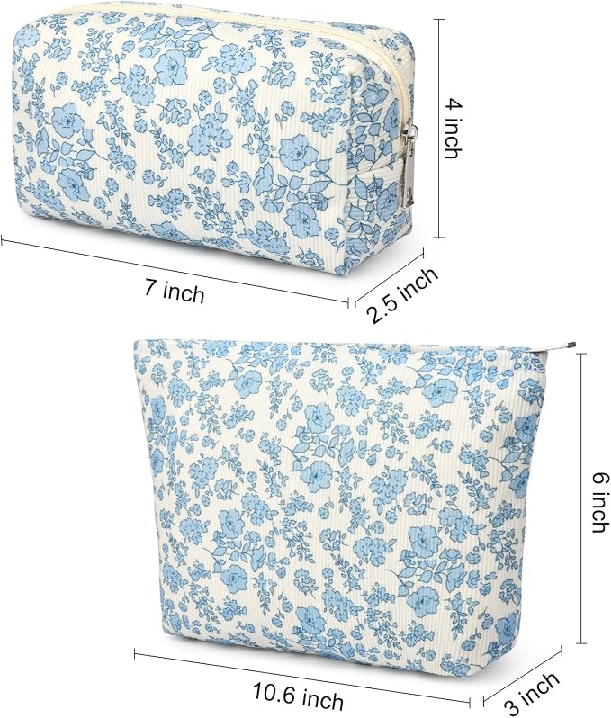 SOIDRAM 2 Pcs Makeup Bag Large Cosmetic Bag Toiletry Bag Makeup Pouch Travel Bag Organizer Cute Makeup Brushes Aesthetic Accessories Storage Bag for Women Blue Floral - Image 4