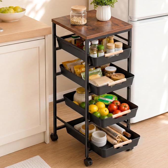 Pipishell Rolling Storage Cart with Drawers & Lockable Wheels, Black | 5 Tier Kitchen Cart with Safety Stops & Vented Design, Wood Top, Pull-Out Utility Cart for Kitchen, Home Office, Bedside by Pipishell