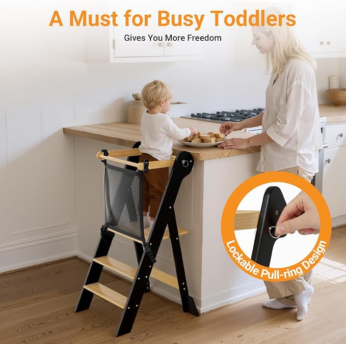 COSYLAND Foldable Toddler Kitchen Stool Helper - Height Adjustable Standing Tower for Bathroom Sink or Kitchen Counter - Step Stool for Toddlers Ages 18 Months to 6 Years Black & Natural | Folding 2-level Height Stand Tower, kids 18M-6Y, 70% pre-assemb... - Image 5