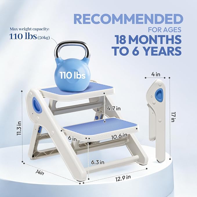 Foldable Toddler Step Stool for Bathroom Sink, Toilet, Bedroom, Kitchen – Non-Slip, Space-Saving, BPA-Free, Supports 110 lbs, Kids Step Stool (Blue) - Image 6