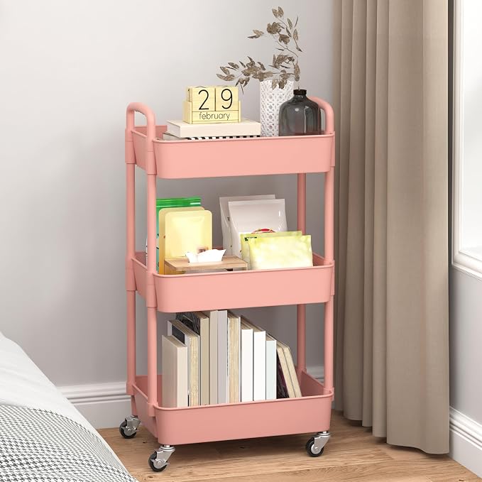 Sywhitta 3-Tier Plastic Rolling Utility Cart with Wheels for Storage, Pink | Multi-Functional Storage Trolley, for Office, Living Room, Kitchen, Bathroom,Movable Organizer,Space-Saving,Easy to assemble - Image 4