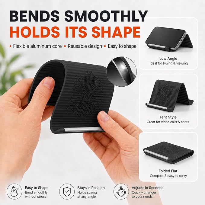 Foldable Silicone Aluminum Phone Holder, Folded into Any Shape | Adjustable Anti-Slip Flexible Silicone Phone Holder, Airplane Cellphone Holder for Home Office Desk, Travel, Treadmill -Black - Image 2