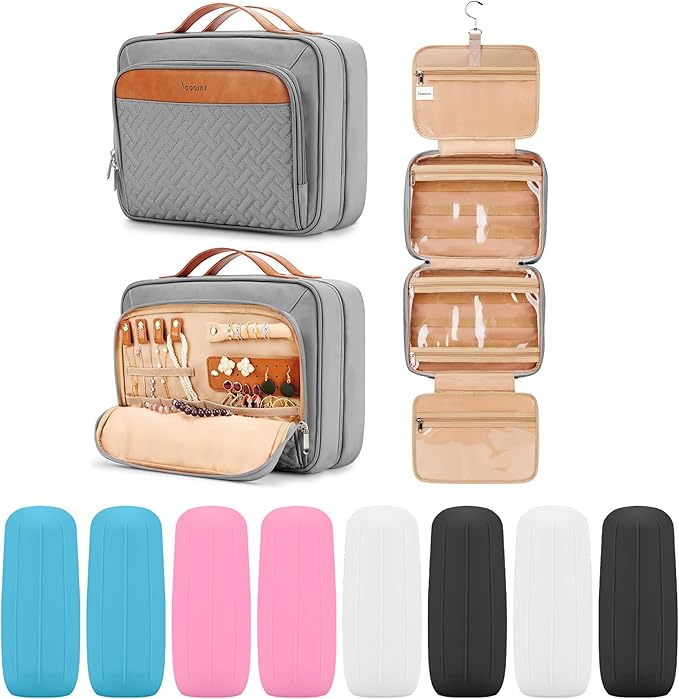 Travel Hanging Toiletry Bag for Women, Large Makeup Bag 8 Leak Proofing Silicone Bottle Covers, Waterproof Cosmetic Bag with Jewelry Organizer Compartment, Toiletries Kit Set, Grey by COOSKY