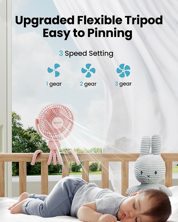 Gaiatop Mini Portable Stroller Fan, Battery Operated Small Clip on Fan, Detachable 3 Speed Rechargeable 360° Rotate Flexible Tripod Handheld Desk Cooling Fan for Car Seat Crib Treadmill Travel Pink | 360° Rotate Flexible Tripod, Battery Operated Detach... - Image 3