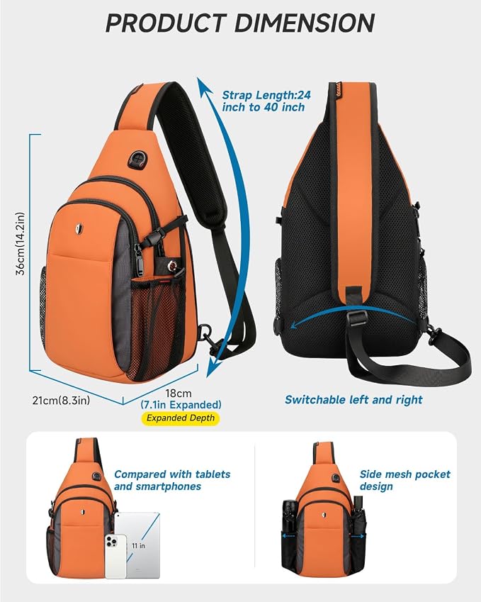 Expandable Sling Bag for Women, Anti-Theft Crossbody Bag with Side Pocket & Earphone Hole, Hiking Chest Pack for Travel, College & City Commute, Fits 11 inch iPad, Switch 2, Orange - Image 4