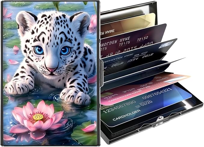 Metal Wallet,Credit Card Holder for Women,Slim RFID Blocking Credit Card Holder Thin Aluminum Wallet ID Case,6 Slot Business Mini Hard Metal Case for Women/Men,Cute Leopard Lotus by Unknown