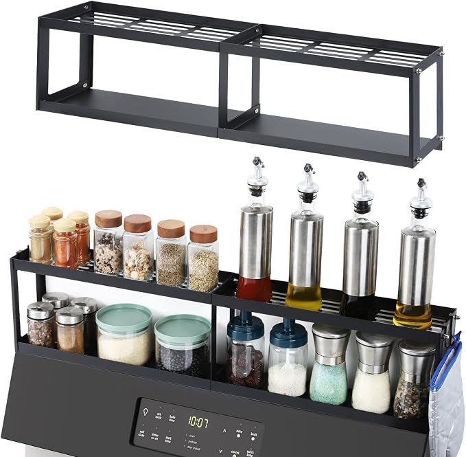 OTraki 2 Tier Strong Magnetic Oven Shelf 30 Inch Length Spice Rack | Over The Stove Shelf with 2 Anti-Slip Mats Seasoning & 4 Hooks Kitchen Spice Storage Organizer Black by OTraki