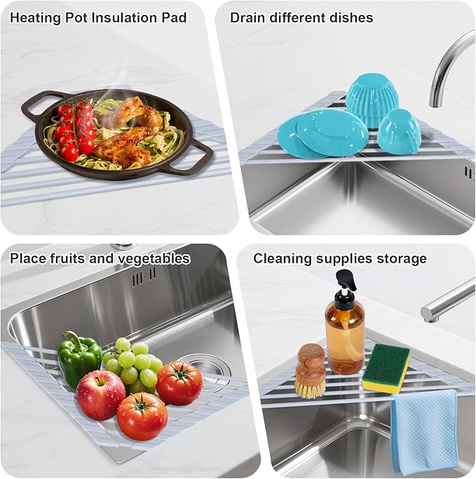 HANZENMA Triangular Sink Rack, Multi-Functional Rack Above the countertop, Foldable Sink Drying mat, Heat-Resistant, Non-Slip, and Rust-Proof Dish Rack (Gray) - Image 3
