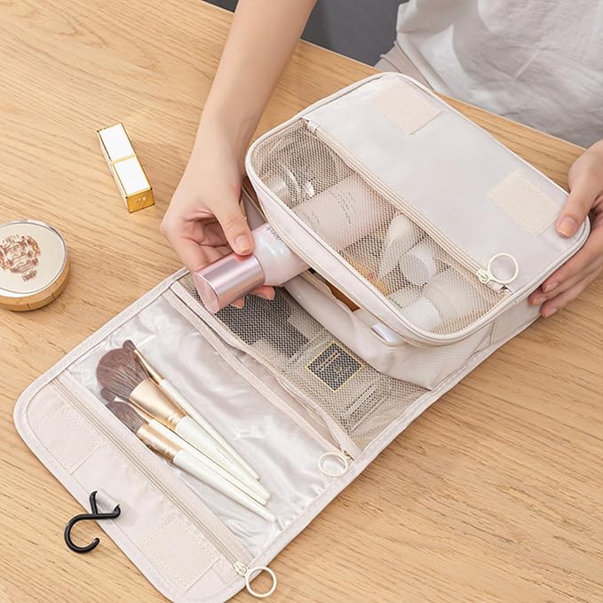 Hanging Toiletry Bag for Women, Travel Size Toiletries bags with Hook, Travel Makeup Bag for Cosmetic Storage Organizer Beige - Image 7