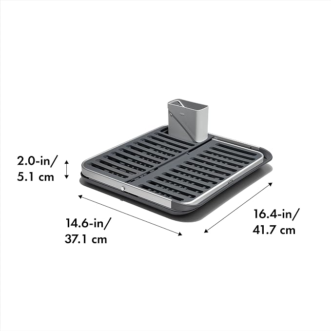 OXO Good Grips Aluminum Fold Flat Dish Drying Rack, 2-Tier, with Drainboard, for Kitchen Counter, Collapsible - Image 6