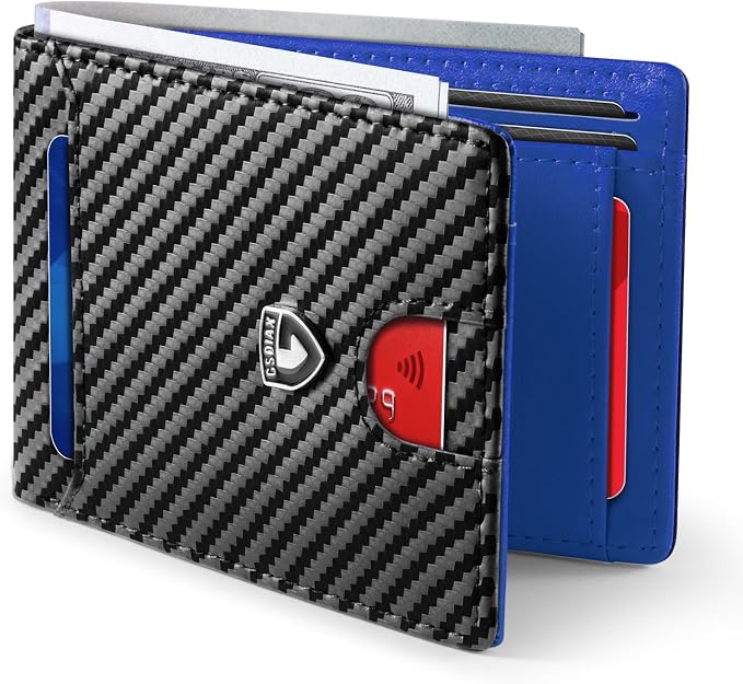 GSOIAX Slim Wallet for Men,RFID Blocking Bifold Wallet Carbon Fiber Front Pocket Wallet with 11 Card Holder Minimalist Mens Wallet with Gift Box(Carbon Black and Blue) by GSOIAX