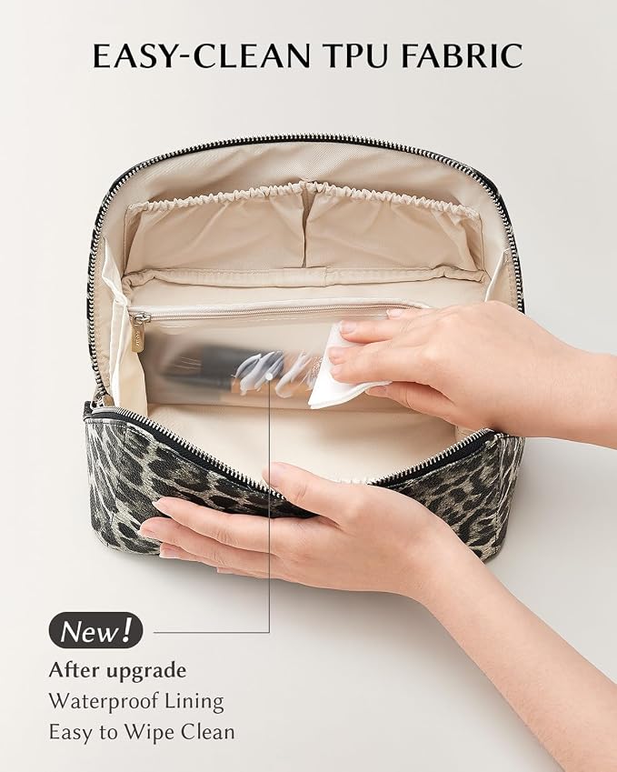 EACHY Travel Makeup Bag for Women, Flat Open Leopard Print Cosmetic Bag | Leopard-print PU leather cosmetic bag opens flat with dividers and clear TPU brush pocket for makeup and travel essentials - Image 3