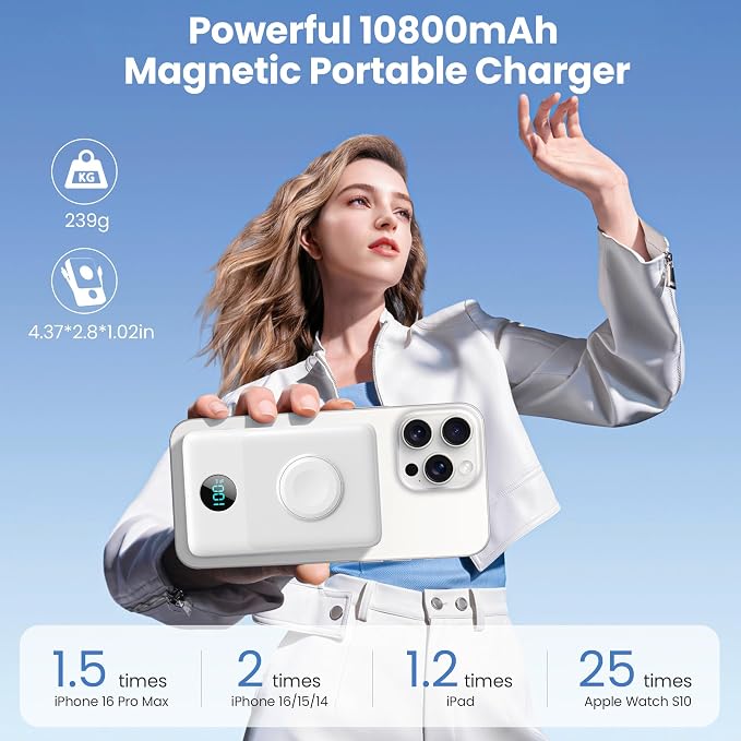 Magnetic Portable Charger 10800mAh with Built-in Cables,Wireless Power Bank for Magsafe,25W PD Fast Charging USB-C Travel Essentials Battery Pack for iPhone 17/16/15/14/13/12 Series,Apple Watch-White - Image 2