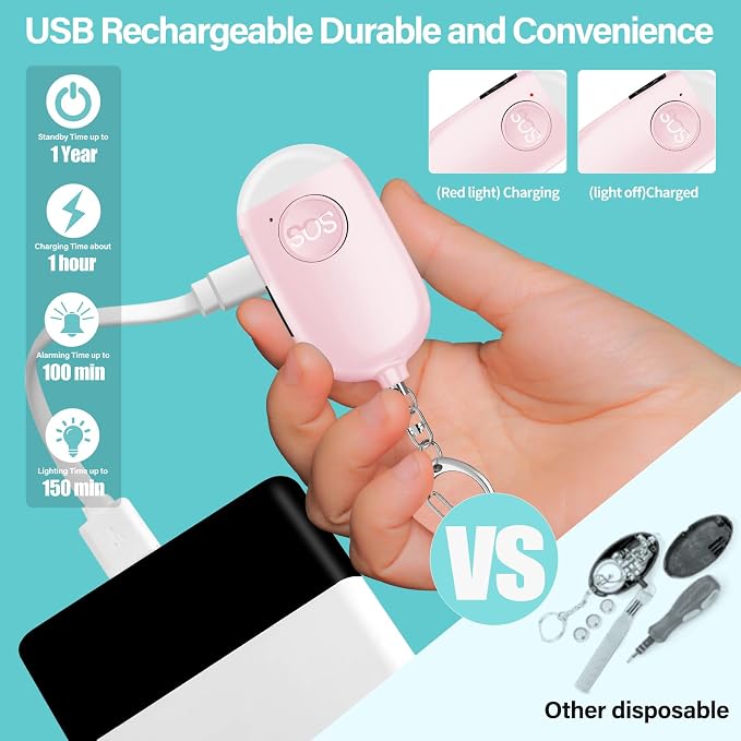 Hion Personal Safety Alarm for Women, 3 Pack Rechargeable 130dB Self Defense Alarm Keychain with LED Flashlight, Emergency Safe Sound Security for Children Elderly, Black+Pink+Blue - Image 5