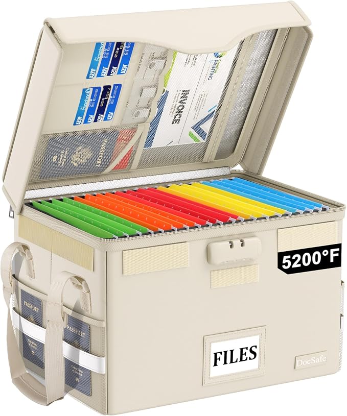DocSafe 5200°F Fireproof Document Box with Lock,Heat Insulated File Organizer Storage with Pockets,Collapsible Portable Home Office File Safe Box with Handle for Hanging Letter/Legal Folders, Beige by DocSafe