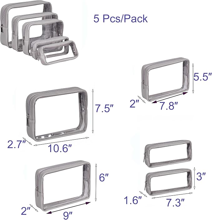 Remobia Hicol TSA Approved 5-Piece Diaper Bag Organizer Pouch Set Clear Waterproof TPU Kids Toiletry Storage Set Travel Packing Clutch Cube Bags for Baby Nursing (Light Gray) - Image 2