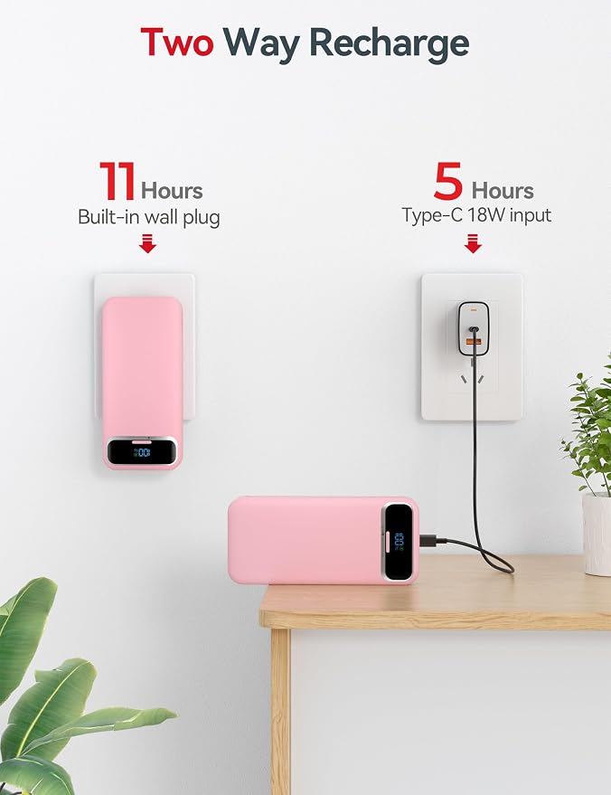 aonidi Portable Charger 20000mAh with Built-in Cables&AC Wall Plug, Pink | PD20W Fast Charging,Travel Essential,TSA Approved,LED Display,All in One USB C Power Bank for All Cell Phones Devices - Image 7