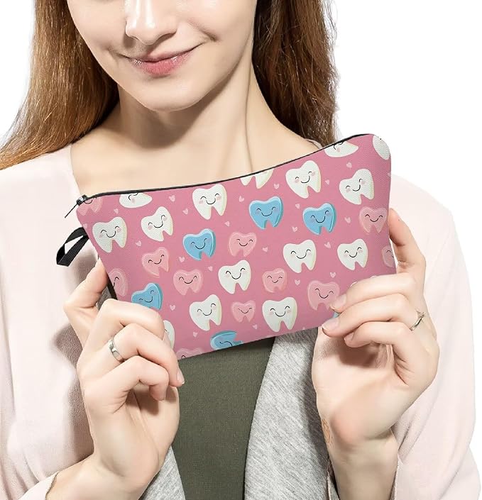 Livel lhood Pink Backgrpund Cartoon Teeth Small Makeup Zipper Bag | Cartoon Teeth Printed Cosmetic Organizer Pouch, Cartoon Teeth Gift for Women Friends - Image 3