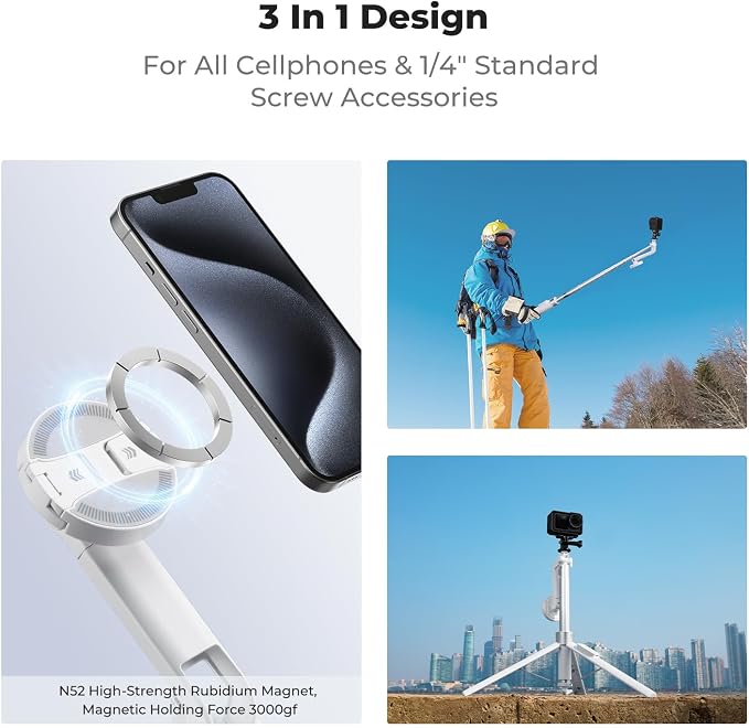K&F CONCEPT 72" Selfie Stick for iPhone, Magnetic Phone Tripod, White | Clip & Magnetic, Remote, 1s Open & Close, Compatible with iPhone 17-12 Osmo Pocket 4/3 Luna Ultra, X97C6 - Image 2