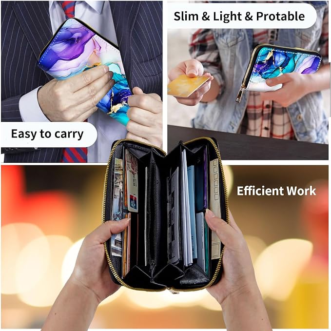 Wallet,Leather Long Wallet Suitable For Ladies And Teenagers - Detachable Wristband + RFID Travel Wallet With Card Slot - Colorful Marble - Image 7