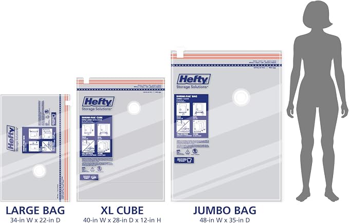 Hefty Shrink-Pak Starter Kit - 2 Large, 1 XL Cube, 1 Jumbo Vacuum Seal Storage Bag and Hand Pump – Space Saver Bags for Clothing, Pillows, Towels, or Blankets, 5 Pc Set - Image 3