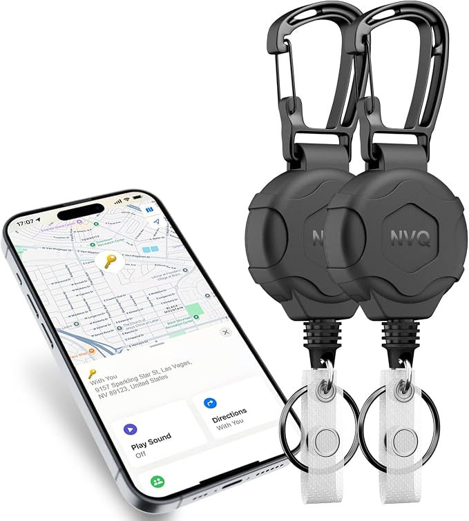 Retractable Key Finder, Works with Apple Find My Tracker, Black 2Packs | Works with Apple Find My iOS tracker with 80dB alert,heavy-duty 32" stainless steel cord supporting 20 keys,secure carabiner. by NVQKeyFinder