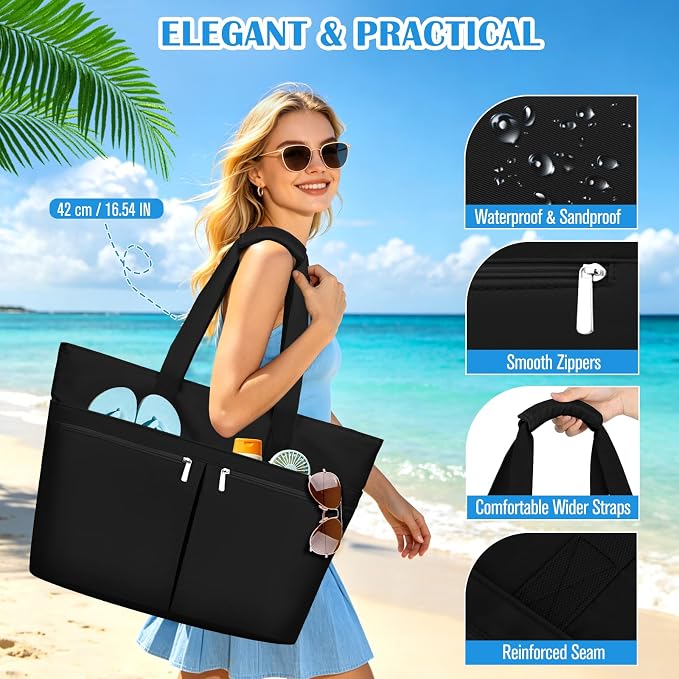 HUANLANG Large Beach Bags for Women Pool Bag with Zipper, Waterproof Sandproof Beach Tote Travel Bag with Wet Pocket - Image 9