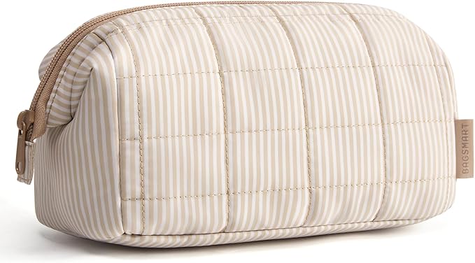 BAGSMART Makeup Bag Travel Toiletry Bag, Puffy Padded Make Up Bags for Women Makeup Organizer Case, Wide-open Pouch Purse Travel Essentials Toiletries Accessories Brushes, Strip Khaki Brown by BAGSMART