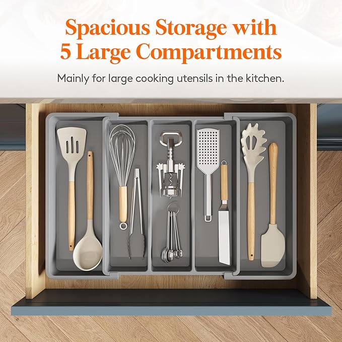 Lifewit Utensil Organizer for Kitchen Drawers, Expandable Utensil Tray | Adjustable Cooking Cutlery Silverware Flatware Holder, Plastic Spatula Tools Storage Divider, 13-22 x 15", Gray - Image 3