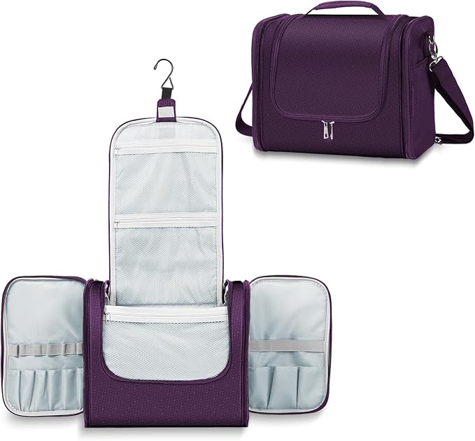 Buruis Extra Large Hanging Toiletry Bag for Women and Men, Purple | Honeycomb Nylon, Detachable Shoulder Strap, Dual Zippers, Metal Hanging Hook, Full-Size Toiletry Storage, Travel Essentials by KeepYourBathroomKitchenandHomeOrganized