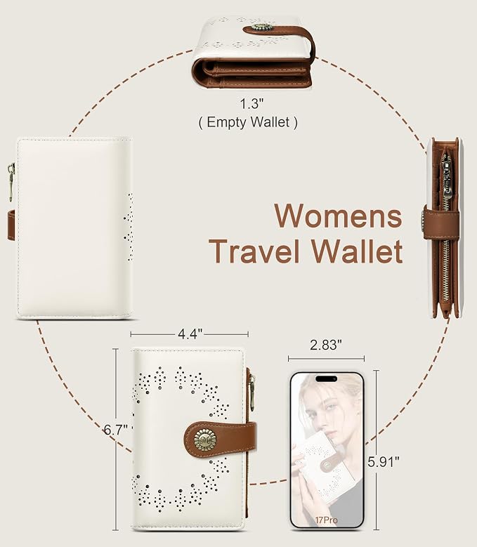 Beige Brown Wallet Women RFID, Passport Holder, Credit Card Holder | 6.7" x 4.4" x 1.3" Bifold, Travel billfold, Zipper Pocket, PU Leather Clutch, Purse, ID Window, Pen Holder, Gift Ladies Girl - Image 5