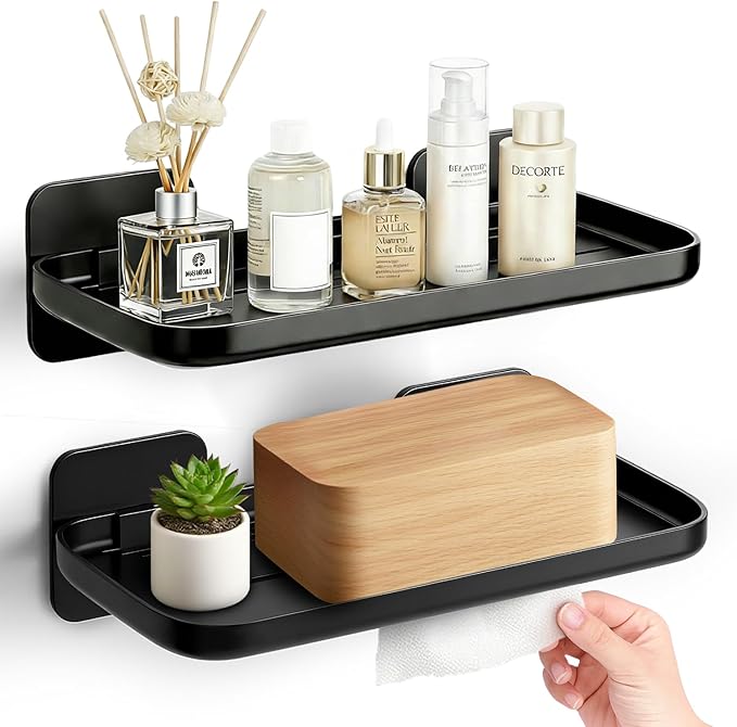 FAYYGYH 2 Pack Adhesive Floating Shelves, No Drill Small Floating Shelf | Wall Storage Damage-Free Wall Mounted Organizer for Bathroom, Kitchen, Bedroom & Office (Black) by FAYYGYH