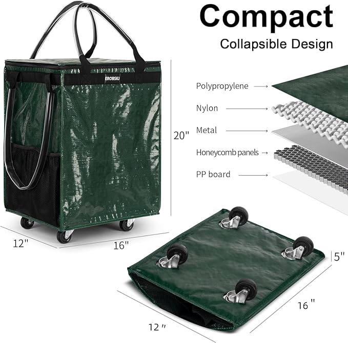 (Medium,Green) Reusable Grocery Bag on Wheels, Foldable Rolling Tote, Carries Up to 66 lbs Shopping Trolley, Zipper Clouser Shopping Carts for Trips, Laundry, 4 Heavy Duty Wheels and 3 Handles - Image 3