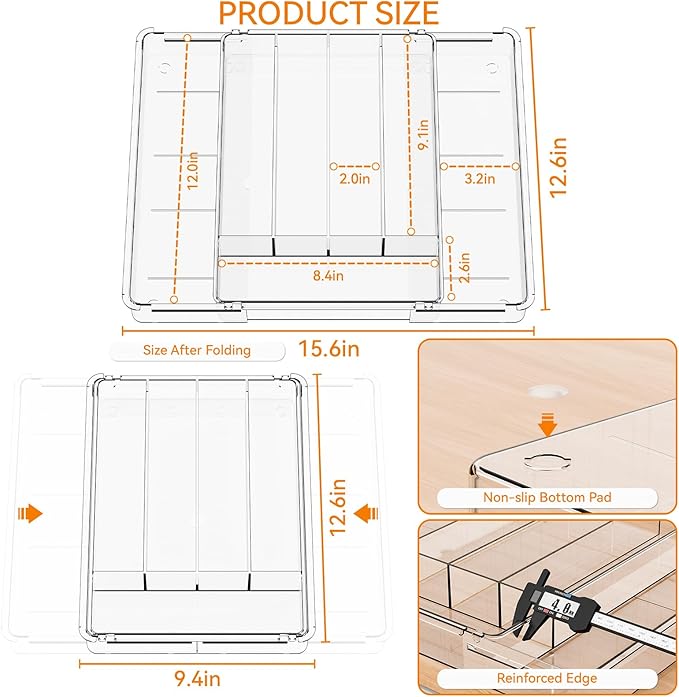 Clear Expandable Silverware Drawer Organizer,9.4-15.6In Adjustable Silverware Tray for Drawer,Acrylic Kitchen Utensil Drawer Organizer for Cutlery,Flatware Organizers and Fork and Spoon Holder - Image 3